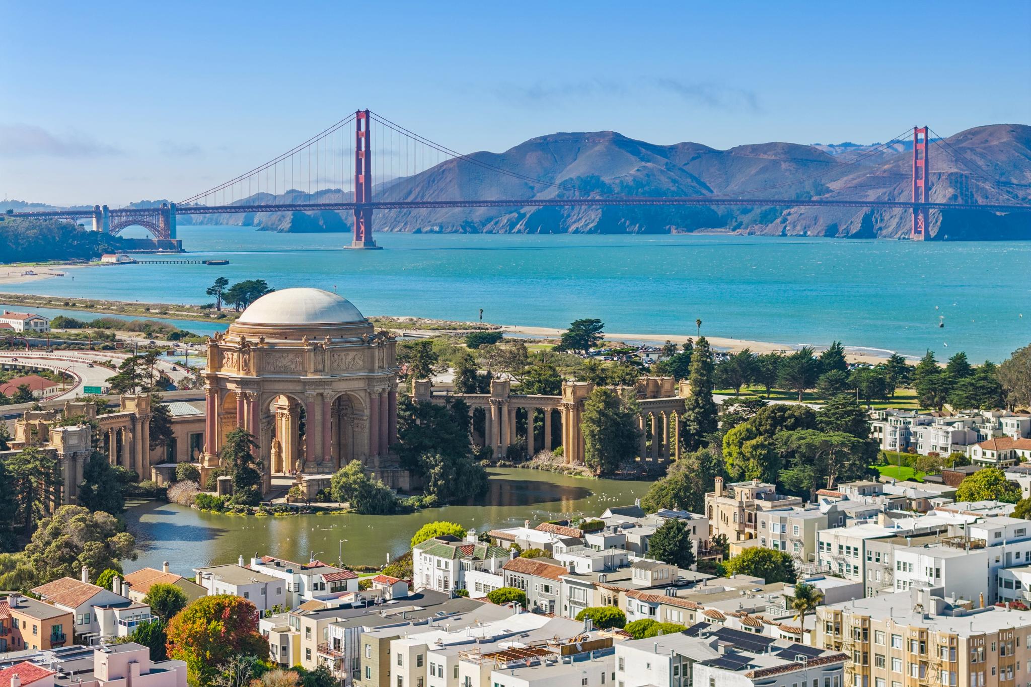 Aerial neighborhood view of the Palace of Fine Arts and Golden Gate Bridge
