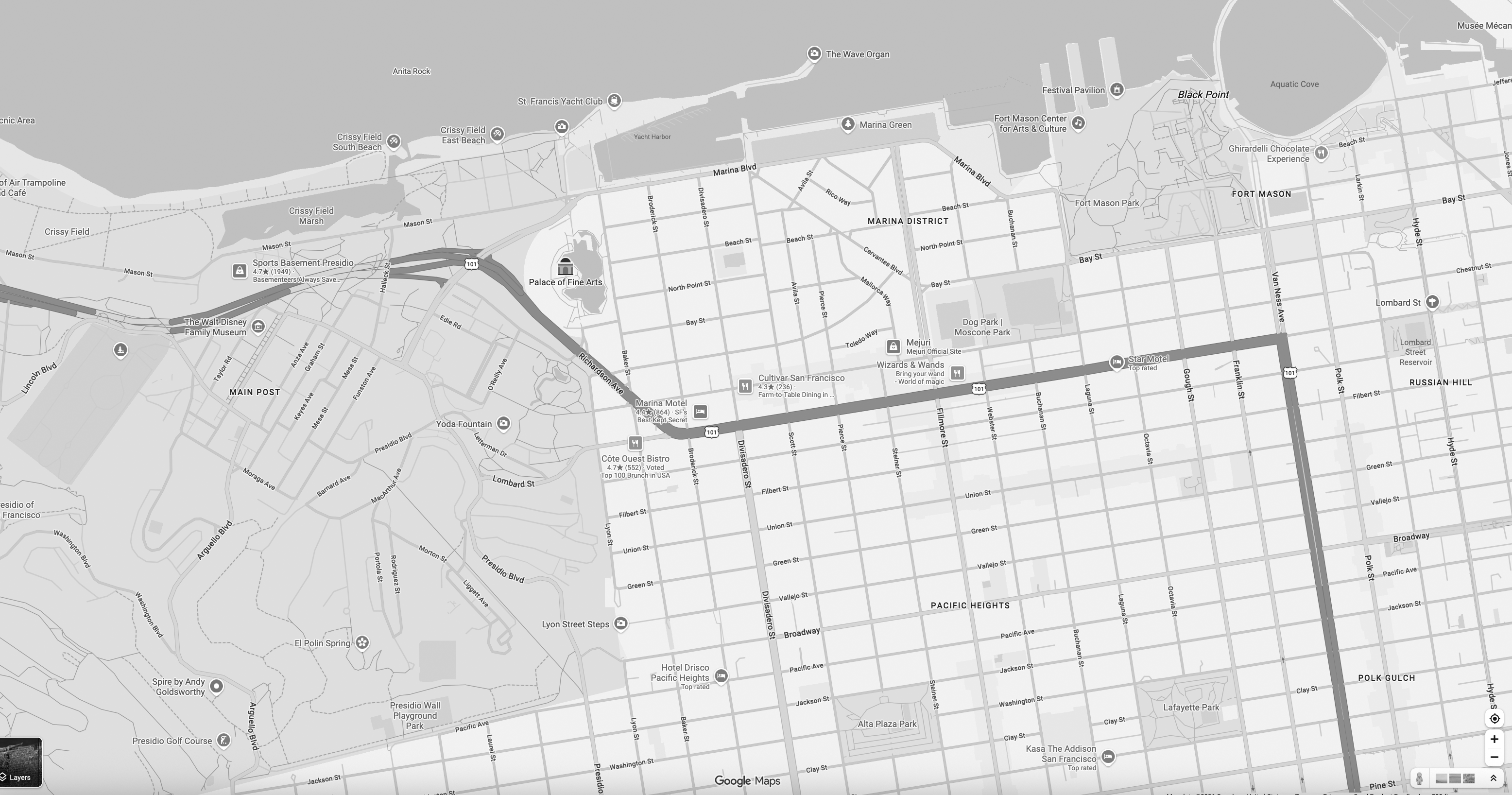 Map of the Marina neighborhood around Divisadero Street, Marina Green, and the Palace of Fine Arts